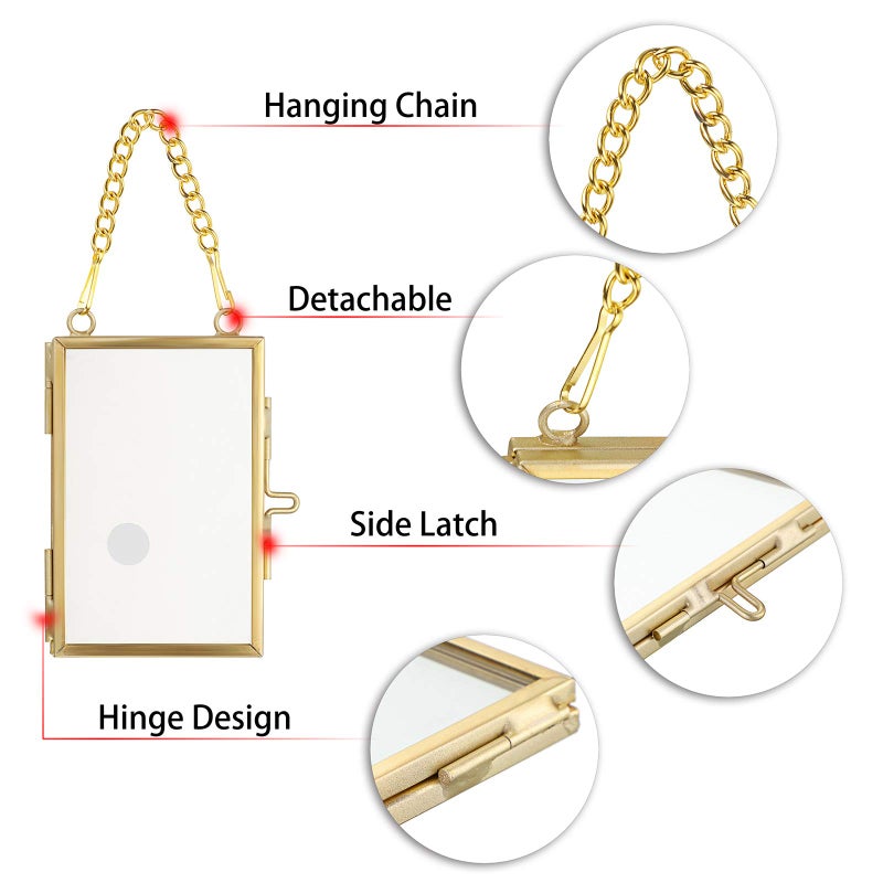 JUXYES Set of 4 Mini Wall Hanging Brass Frames for Pressed Flowers, Double Glass Hanging Picture Artwork Display Frame, Vertical Gold Floater Style Gallery Wall Frame for Photo Picture Poster etc, 3x2 Inches - Image 3